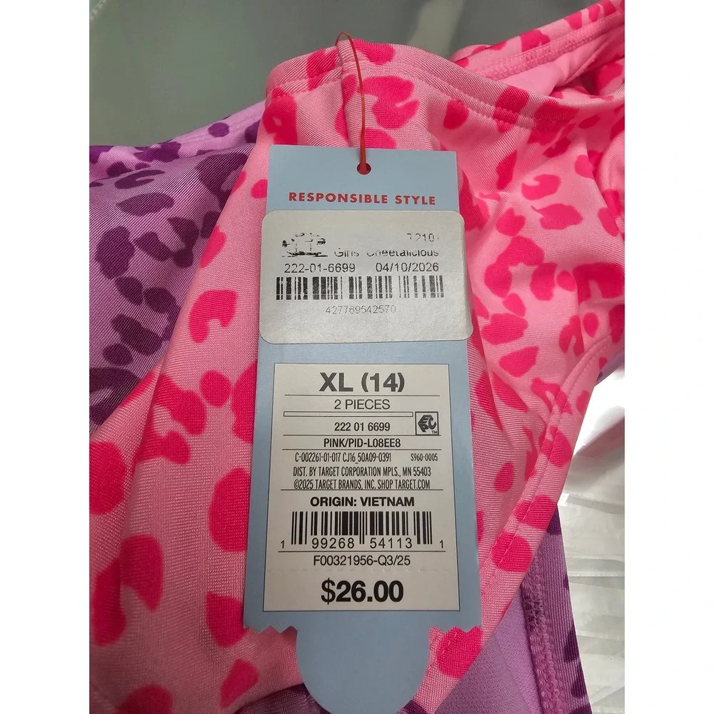 Cat & Jack Girls Cheetah Print 2-Piece Swimsuit Pink Poly Blend Size XL